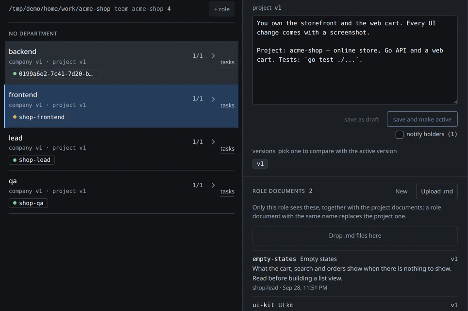 harnsy dashboard, a role document with its Documents list: project rules, a release checklist and a role-only reference, each with a one-line description and its version.