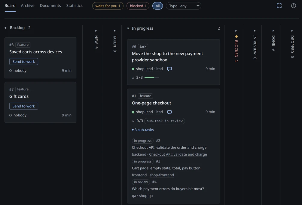 harnsy dashboard, the task board of acme-shop: cards with type labels, a checklist bar at 2/3, sub-tasks, and a folded backlog.