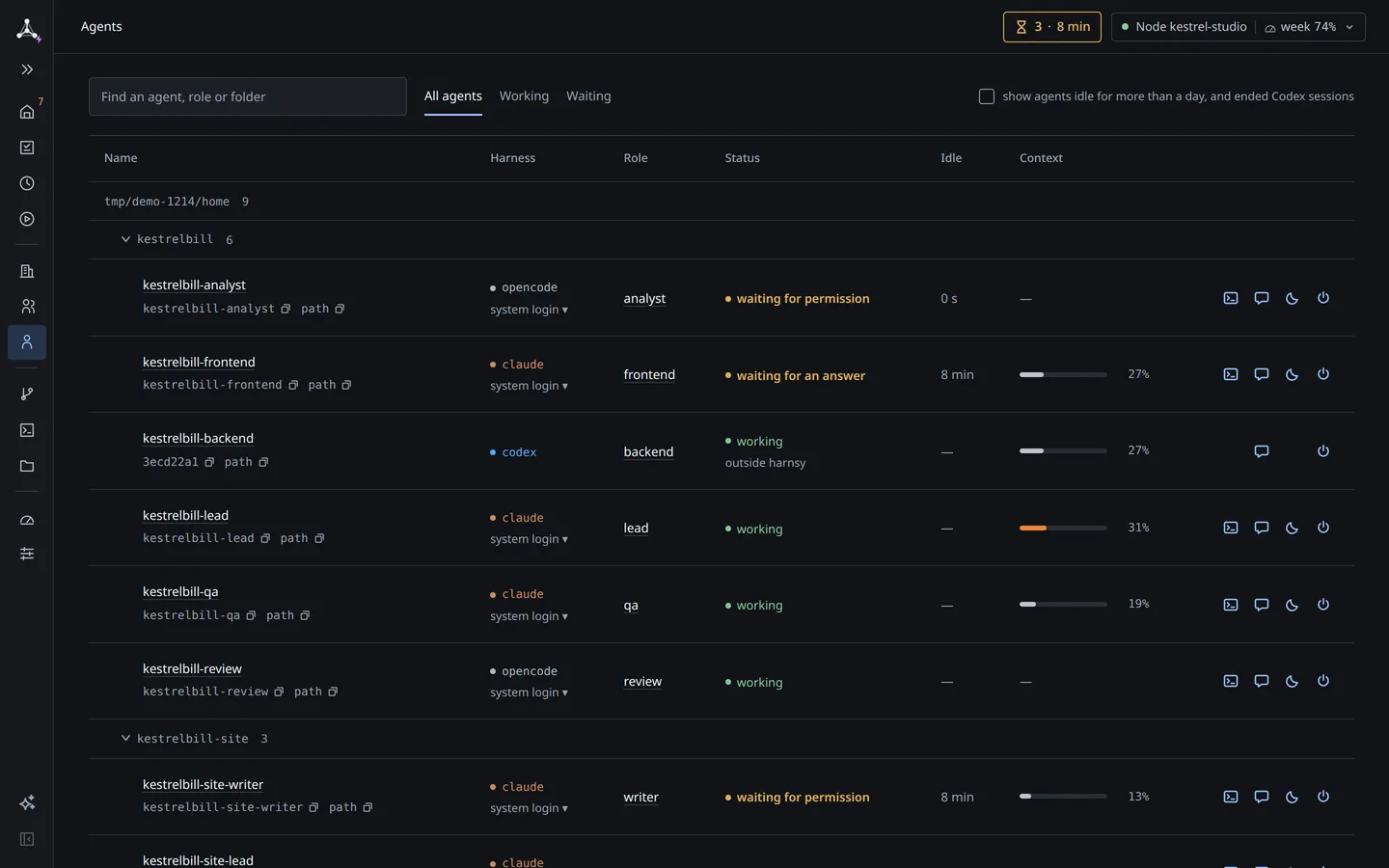 Agents: Claude Code, Codex and OpenCode agents of kestrelbill with role, status and a context bar each.