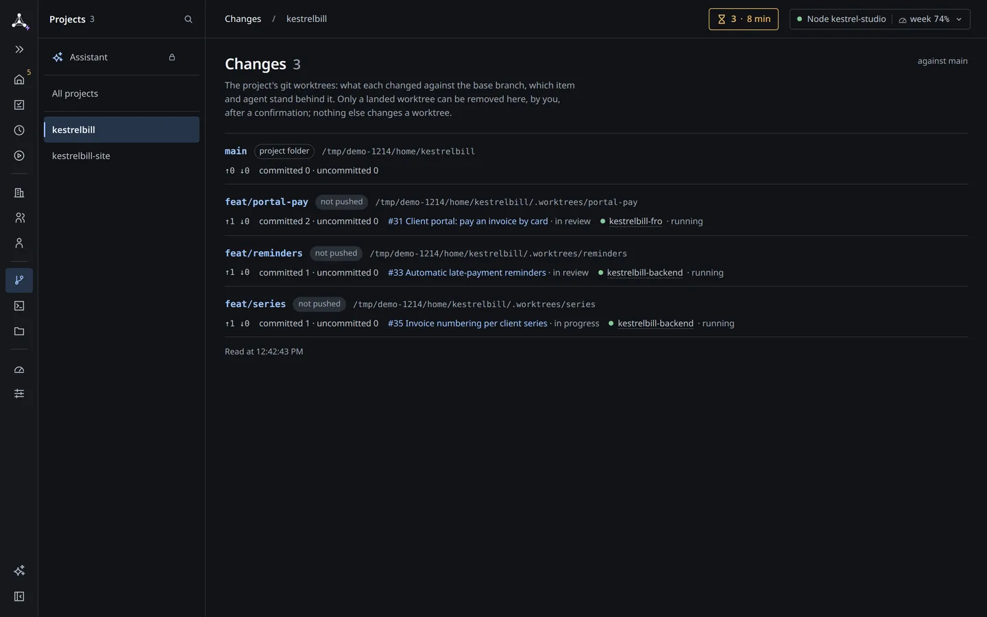 Changes › kestrelbill: three git worktrees, each linked to its task (#31, #33, #35) and the agent behind it.