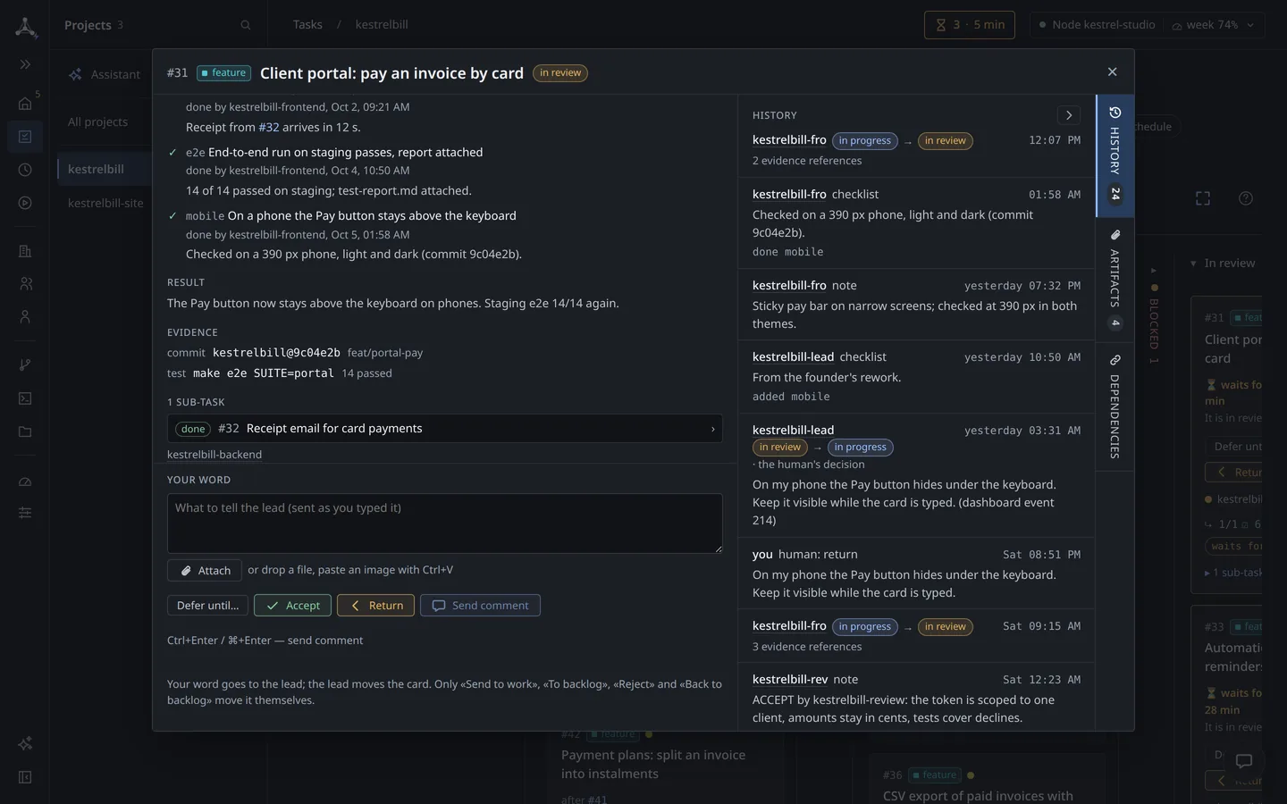 The History tab of task #31: the lead hands it to frontend, review, a return by you, the resubmit.