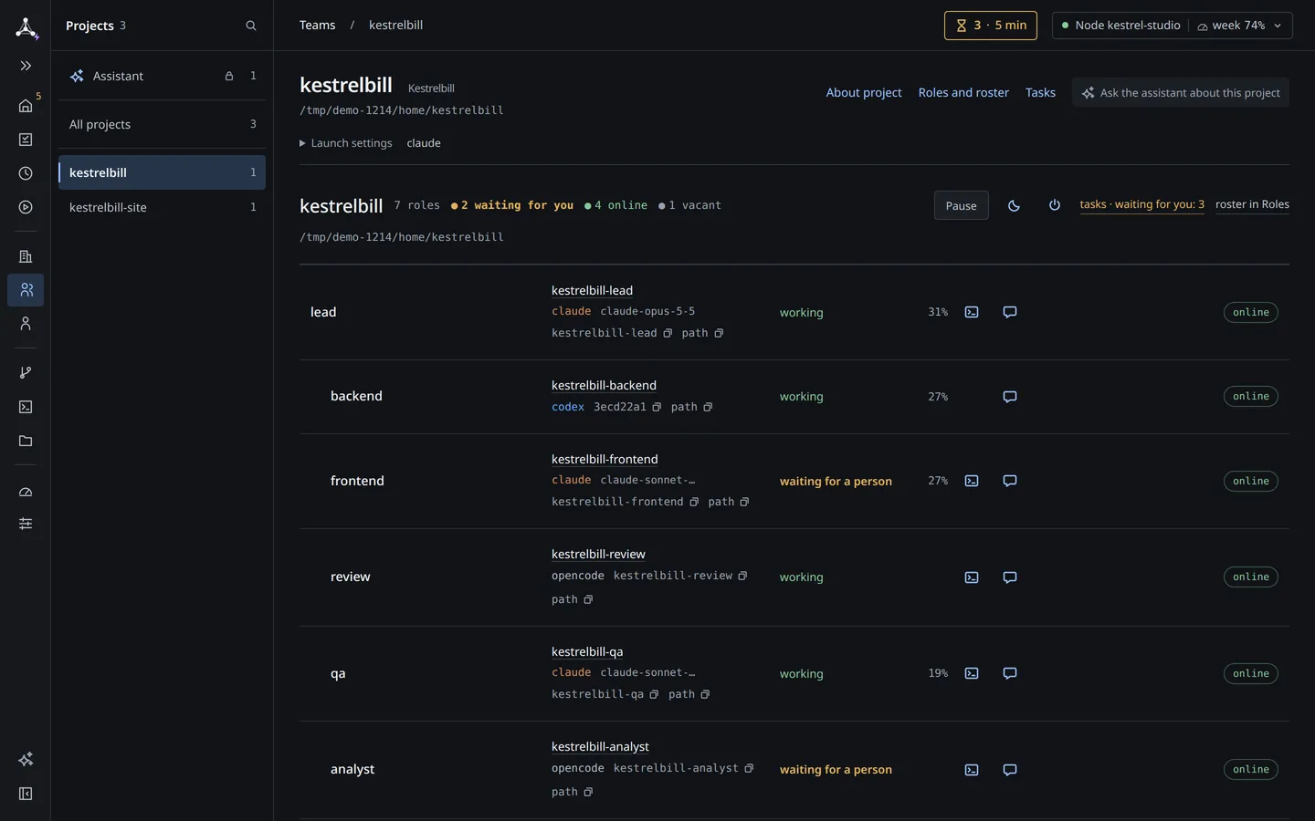 Teams › kestrelbill: the lead on top, the backend, frontend, review, qa and analyst roles under it, each with its harness and model; two wait for a person, the others work.