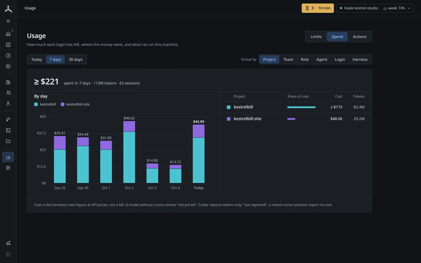 Usage › Spend for 7 days, grouped by project: cost per day and each project’s share of cost and tokens.