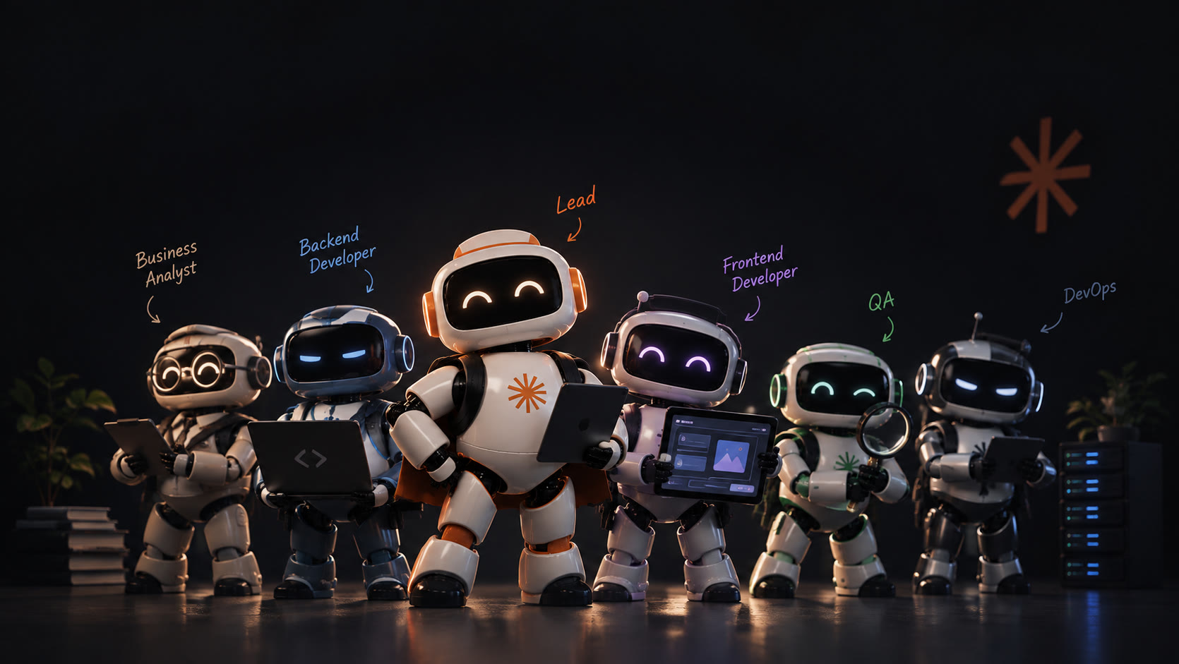 A team of robots, each with its role: business analyst, backend developer, the lead in the middle, frontend developer, QA and DevOps.